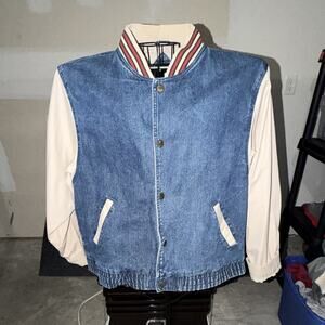 Vintage Great Land Mens L Blue Denim Varsity Jacket Beige Sleeves Button Retro